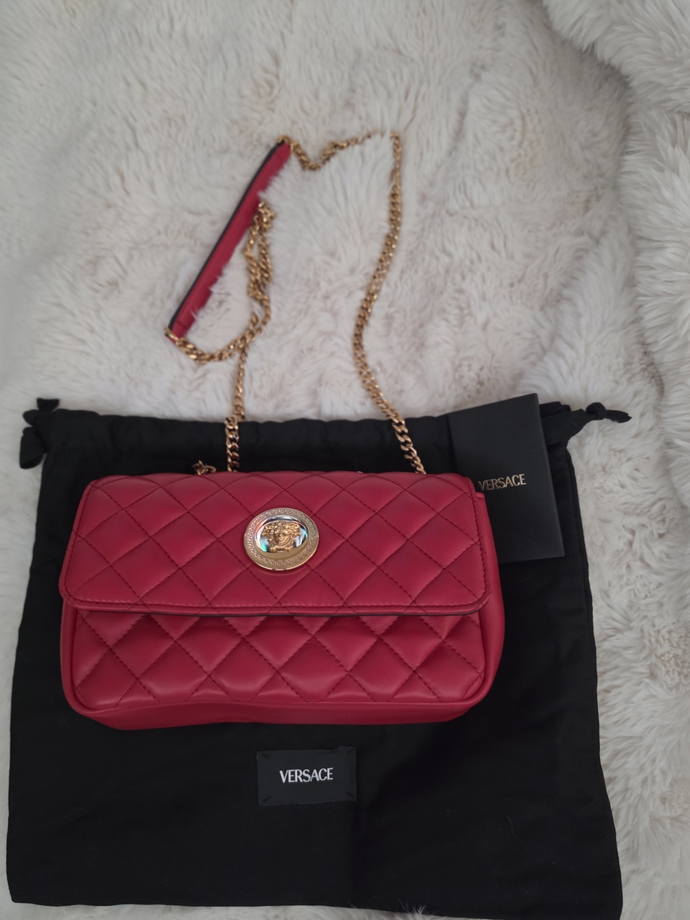 Versace Quilted Red Shoulder Bag with Gold Chain